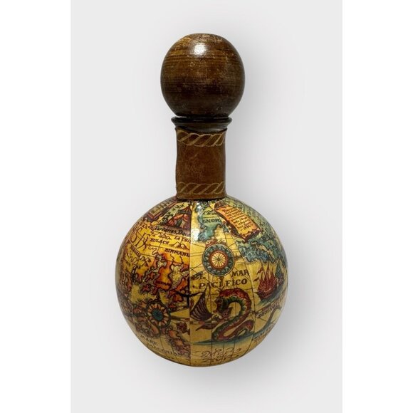 Vtg 1960 Fausto Confuri Italian Leather Wrapped Old World Map Decanter & Stopper - Picture 4 of 8